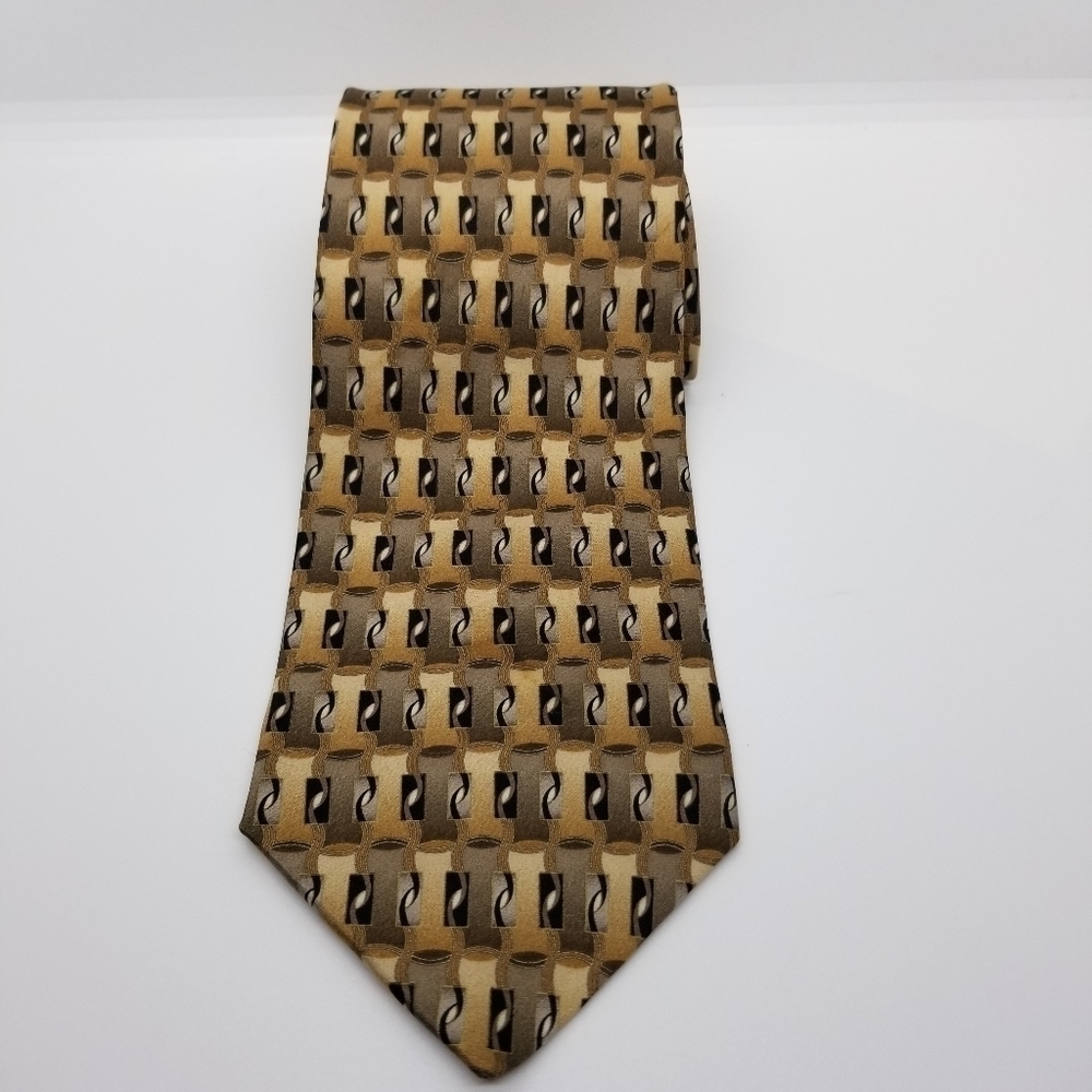 Valentino tan and brown patterned silk tie 60 in long
